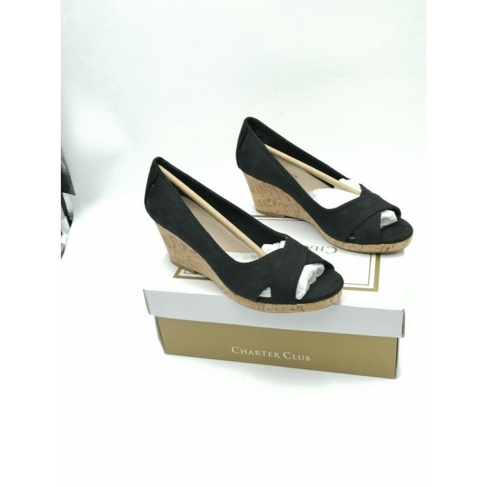 Charter Club Toniie Black Suede Peep Toe Wedge Sandals Women’s Size 6.5M New